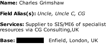 Name: Charles Grimshaw  Field Alias(s): Uncle, Uncle C, CG   Services: Supplier to SIS/MI6 of specialist  resources via CG Consulting,UK  Base: xxxxxxxxxx   Enfield, London, UK
